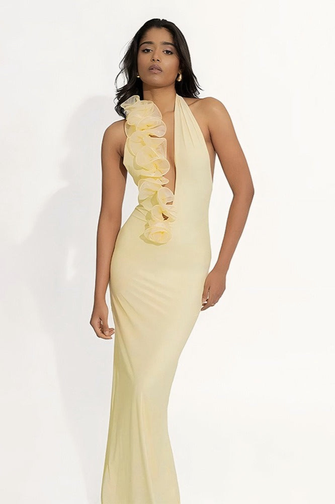 Halter Neck Deep V-Neck Ruffle Applique Bodycon Maxi Prom Dress - View 7