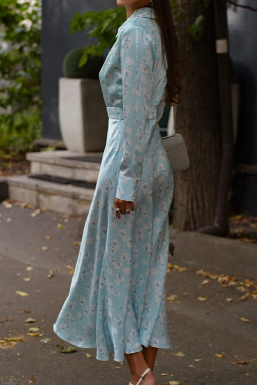 Satin Floral Print Collar Long Sleeve Belted Midi Dress - View 5