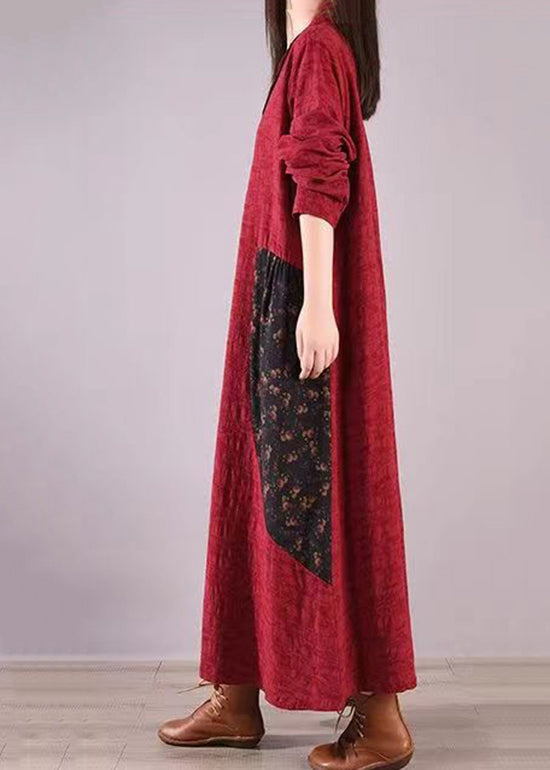 Linen Stand Collar Button Front Patchwork Panel Pocket Maxi Dress - View 3