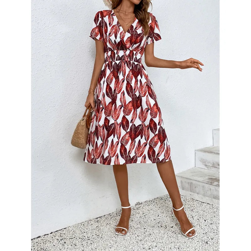 Wrap V-Neck Flutter Sleeve Smocked Waist A-Line Midi Summer Dress - View 17