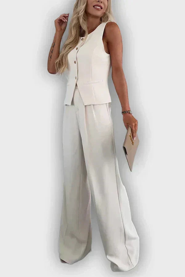 Sleeveless Button Vest and Wide Leg Pants Two Piece Set 8