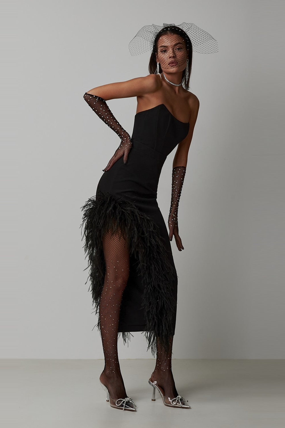 Strapless Feather Trim High Low Bodycon Midi Dress - View 4