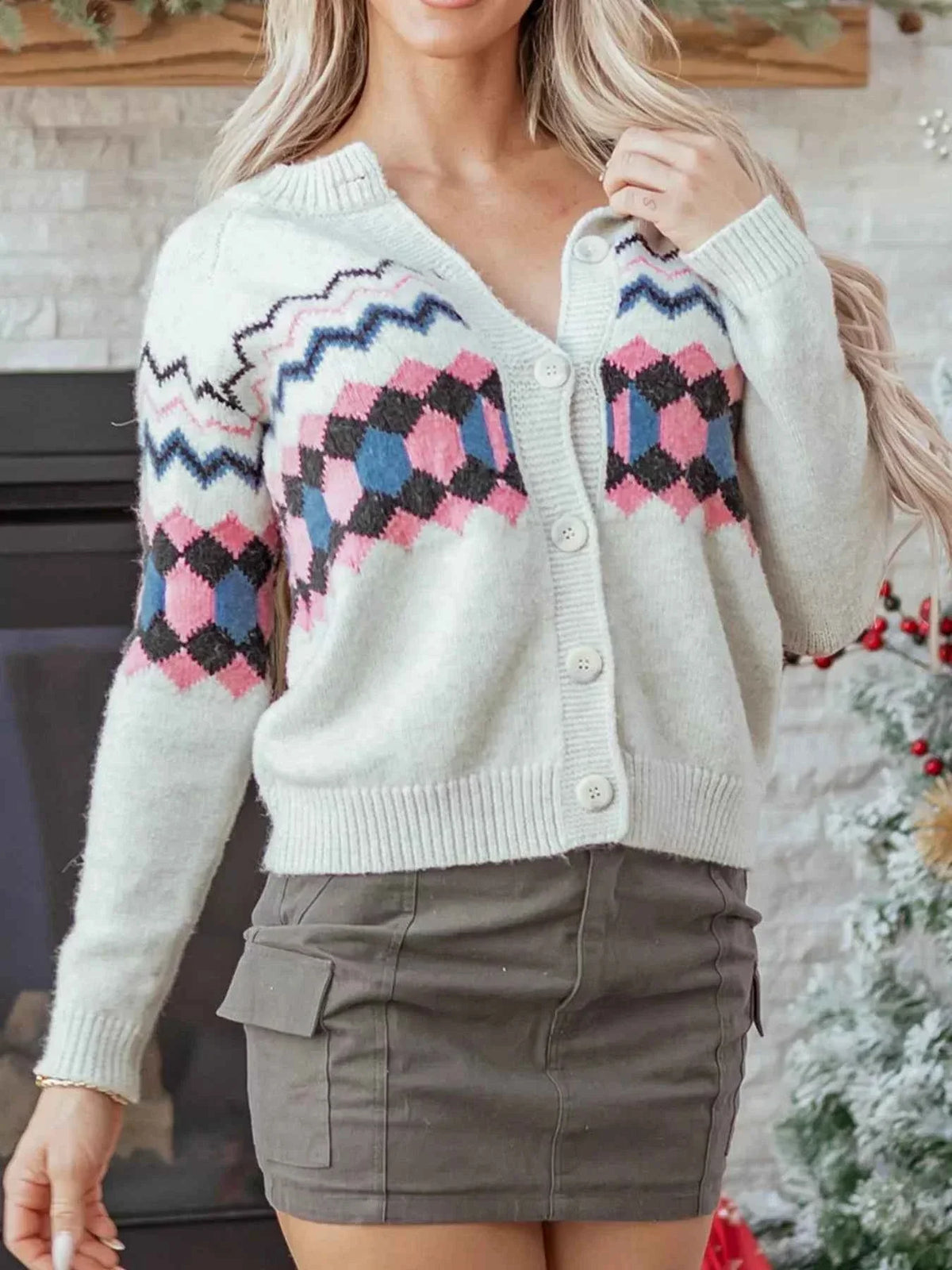 Stripe Geometric Button Up Sweater Cardigan
