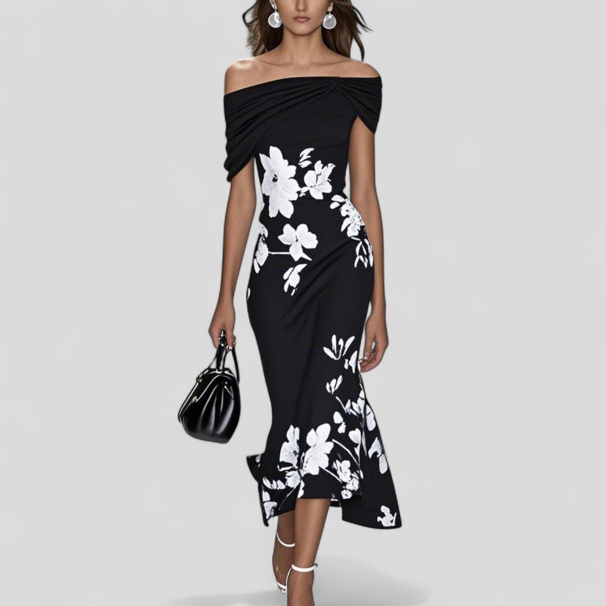 Floral Off Shoulder Twist Front Fit and Flare Midi Dress 4