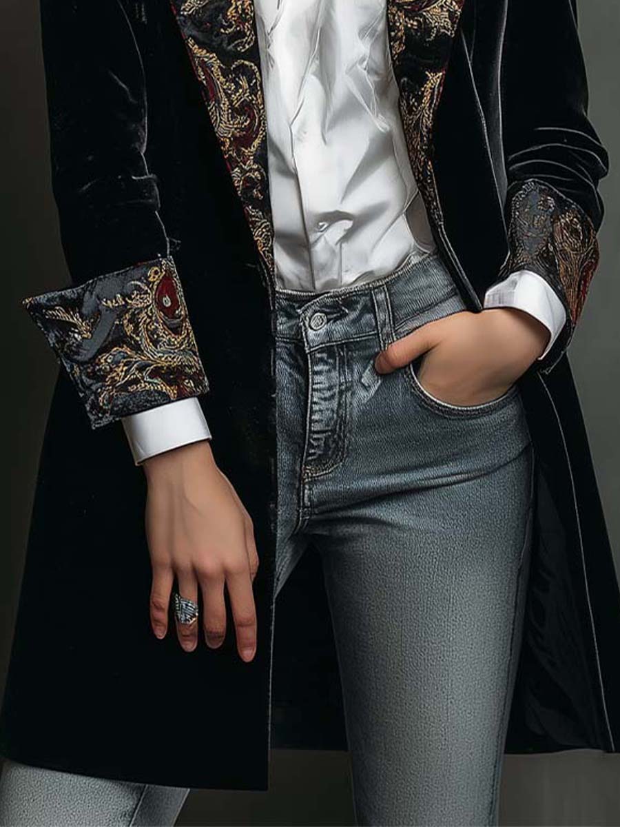 Baroque Brocade Lapel Velvet Look Longline Blazer 6