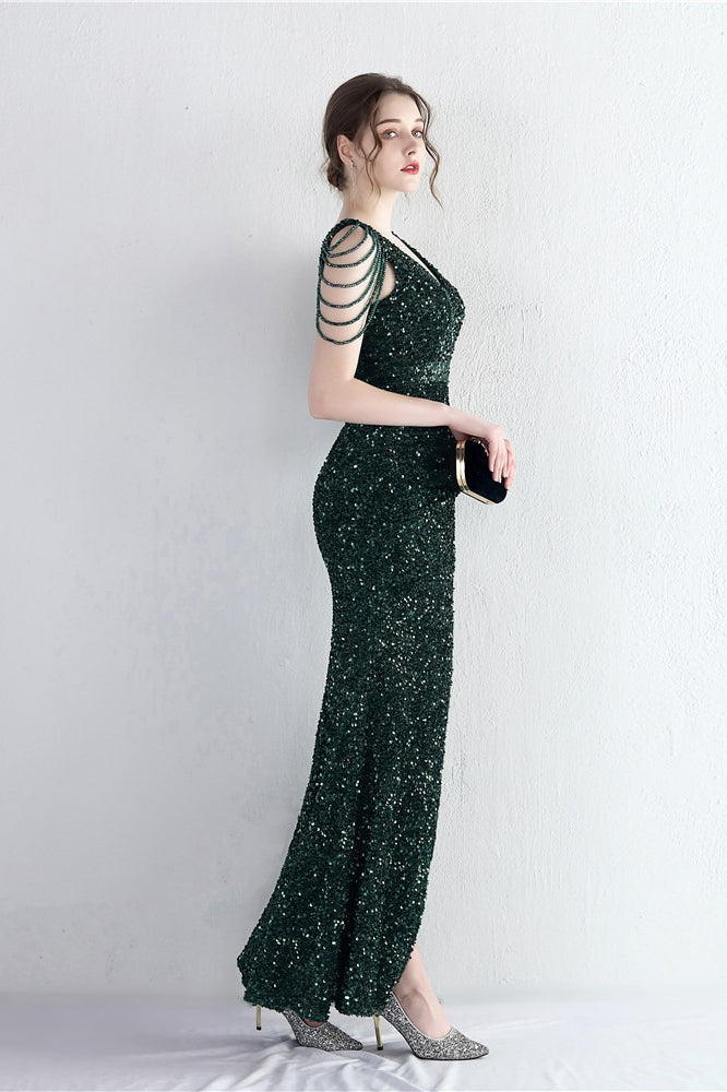 Sequin V-Neck Beaded Fringe High Split Mermaid Gown 29