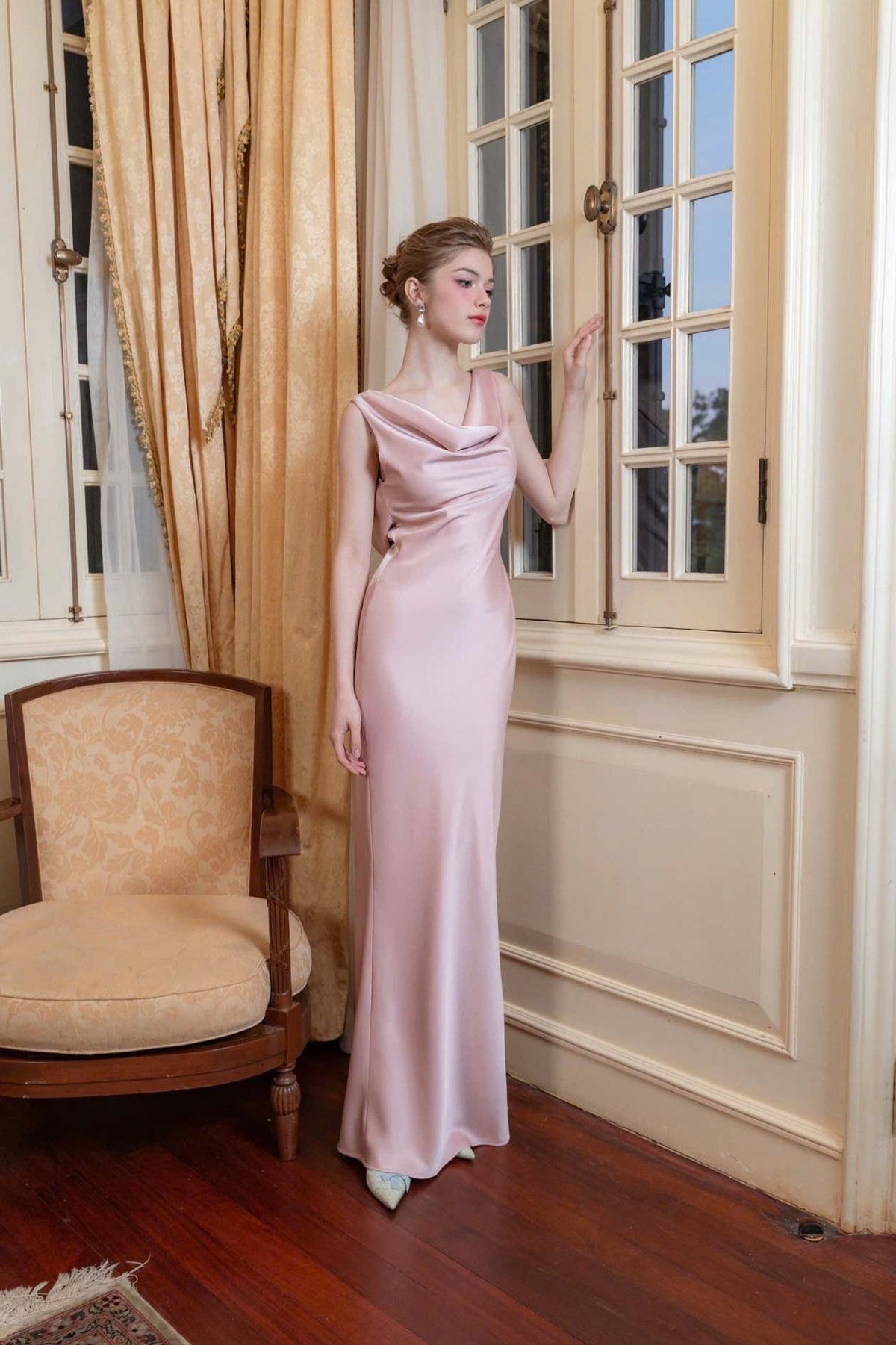 Satin Cowl Neck Sleeveless Sheath Maxi Gown - View 4