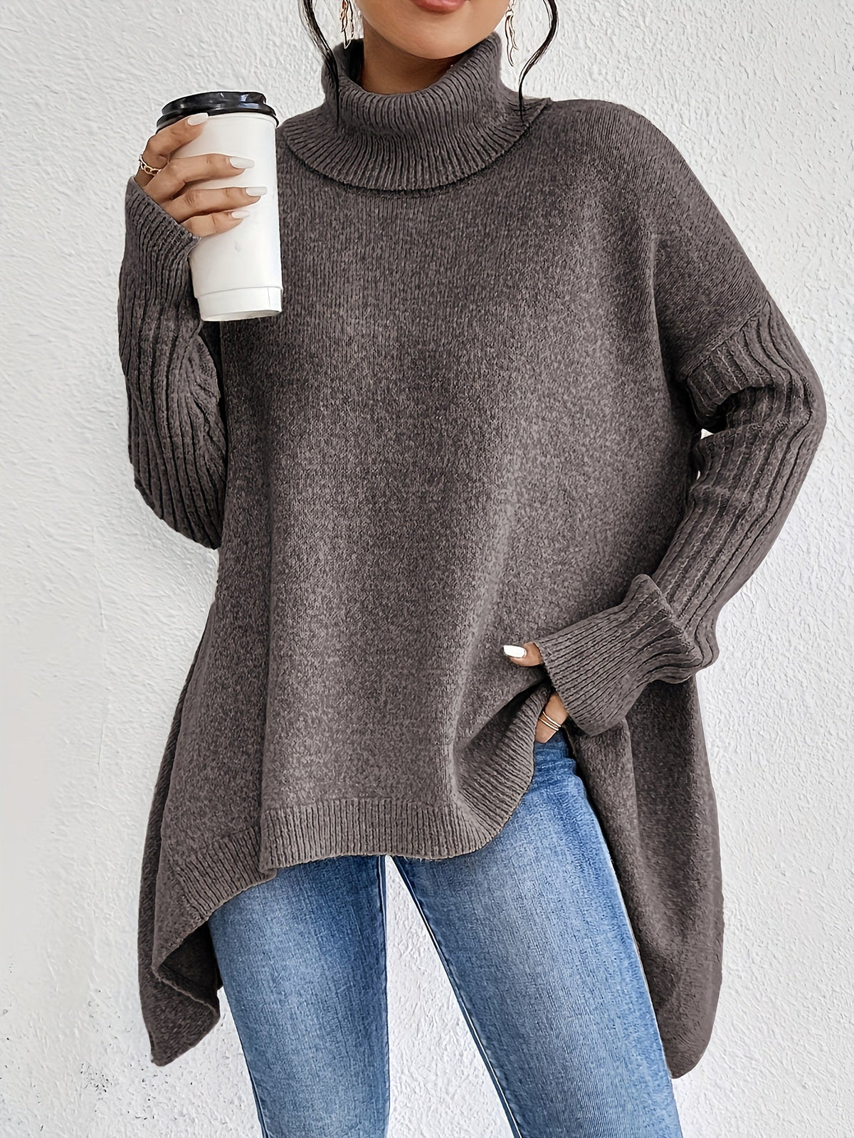 Turtleneck Oversized High Low Tunic Sweater 26