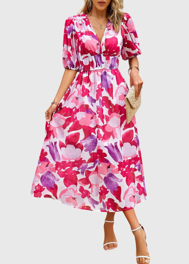 Floral Print Deep V-Neck Puff Sleeve High Waist Maxi Dress 14