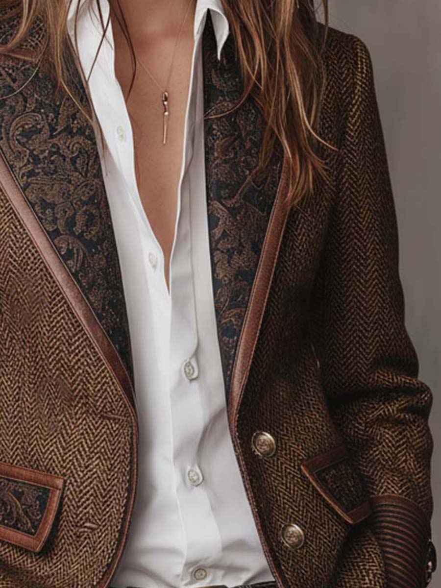 Herringbone Paisley Panel Faux Leather Trim Blazer 7