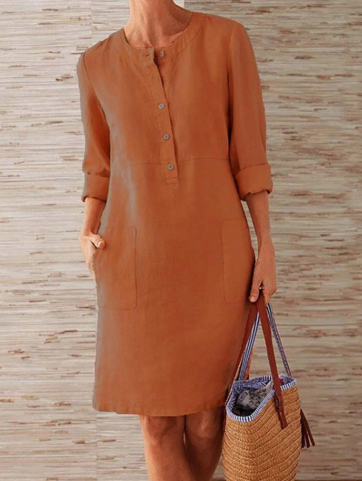 Button Front Round Neck Patch Pocket Three Quarter Shift Dress - View 7