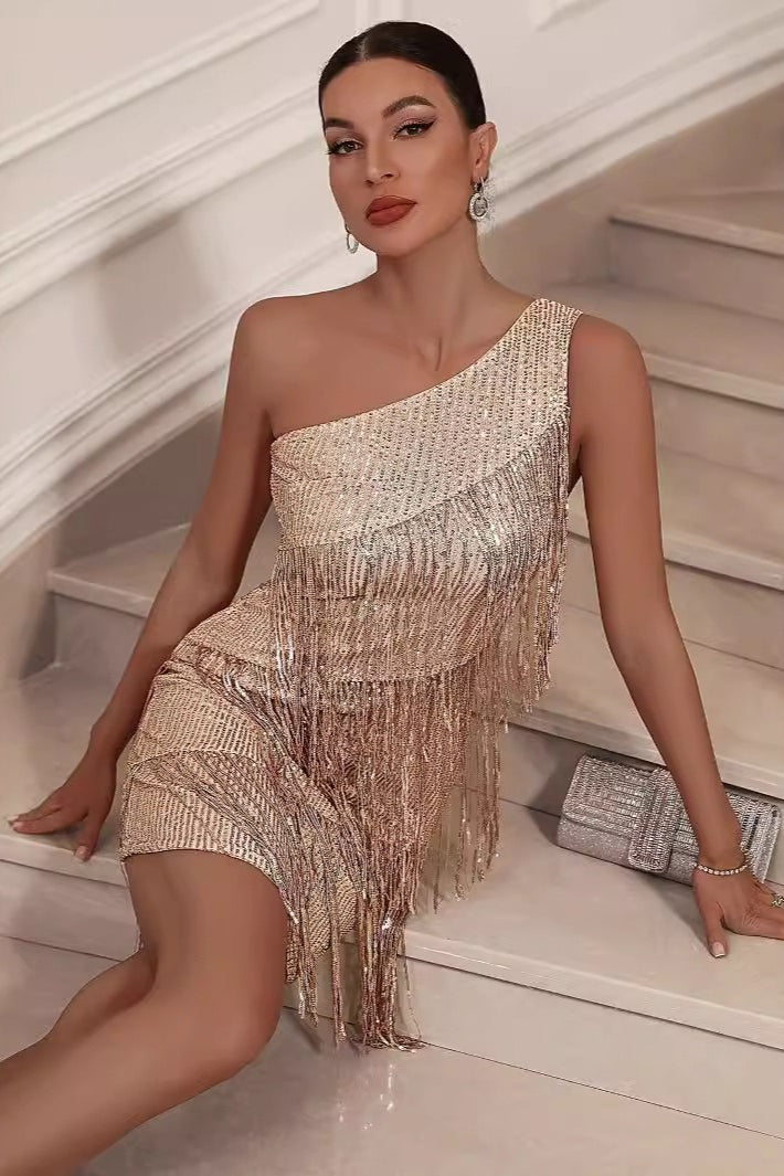 Sequin One Shoulder Tassel Fringe Bodycon Mini Cocktail Dress - View 2