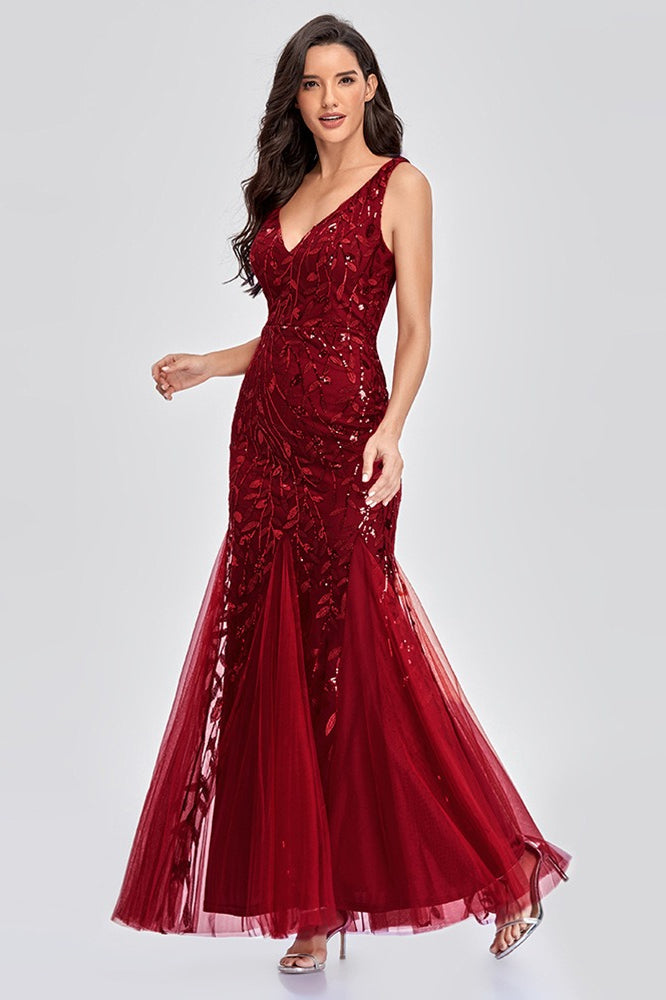 Sequin V-Neck Embroidered Mermaid Maxi Prom Dress - View 7