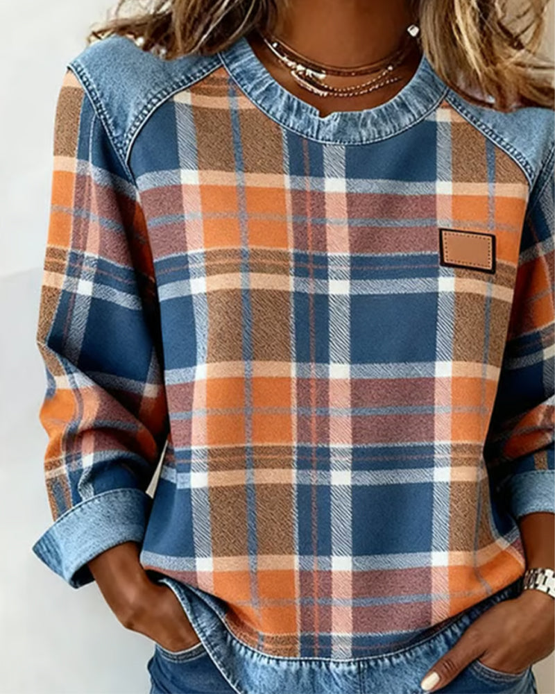 Crew Neck Plaid Denim Contrast Long Sleeve Sweatshirt 2
