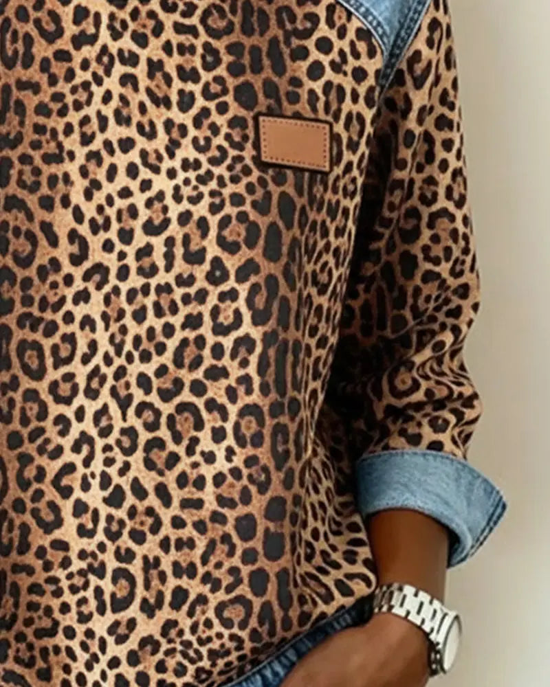 Leopard Print Denim Look Contrast Crew Neck Sweatshirt 5
