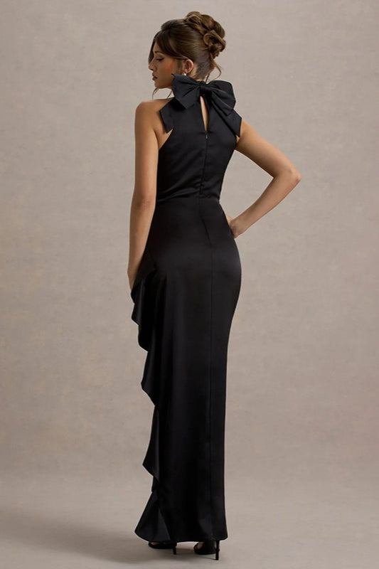 Satin High Neck Bow Back Ruched Ruffle High Split Gown - View 3