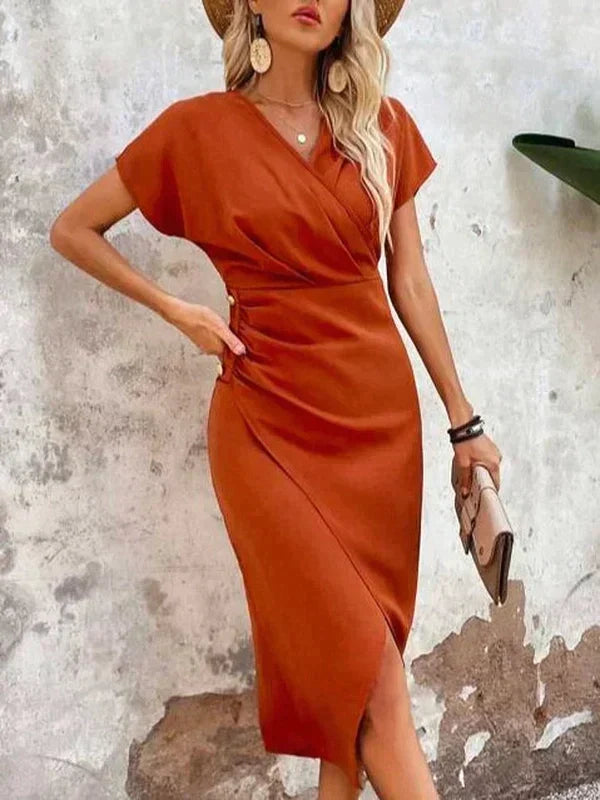 Satin V-Neck Short Sleeve Ruched Wrap Midi Dress - View 4