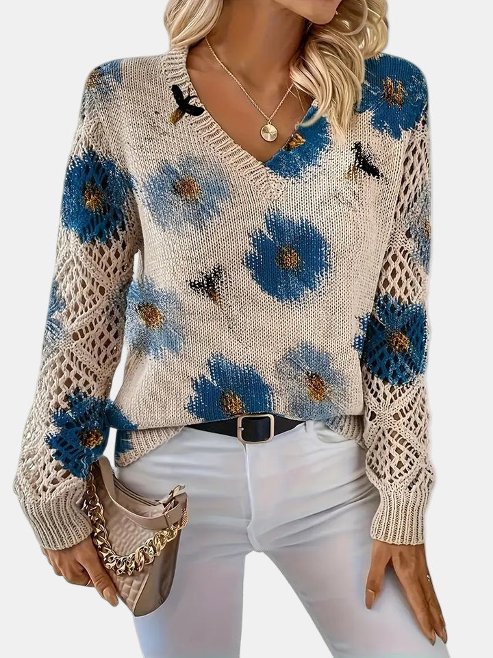 Floral V-Neck Long Sleeve Crochet Sleeve Knit Sweater 15