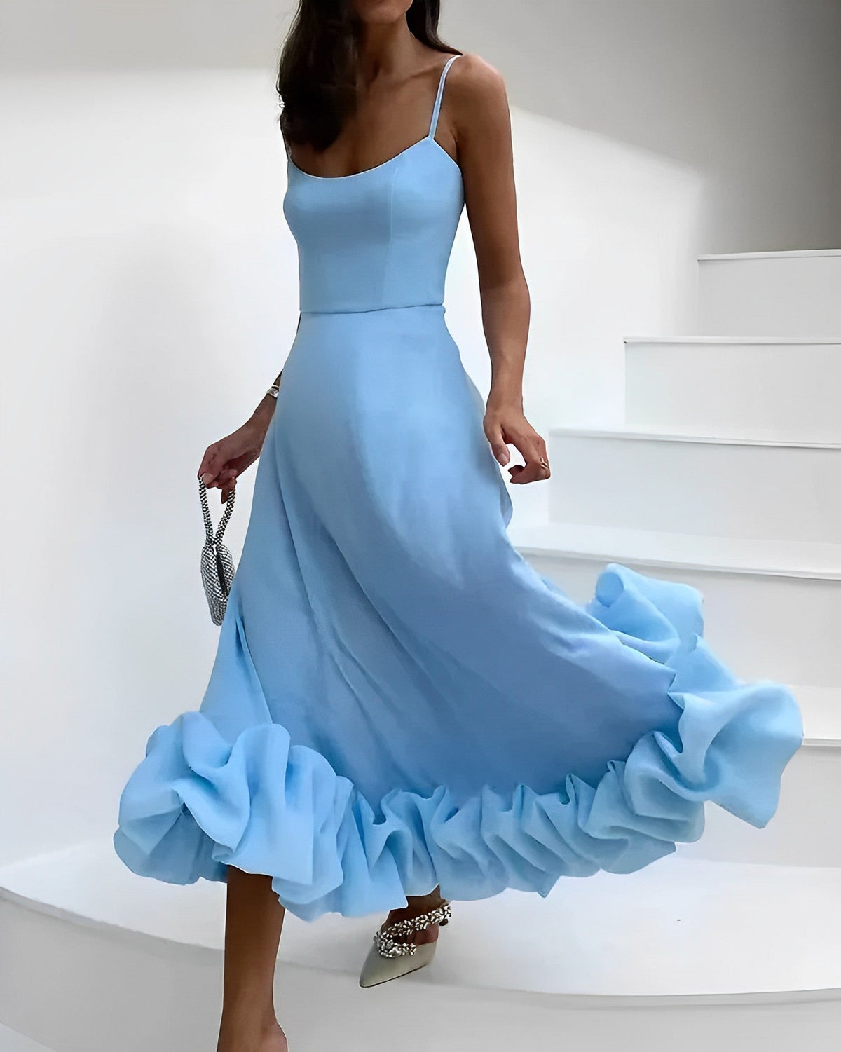Spaghetti Strap Scoop Neck Fitted Bodice Ruffle Hem Floor Length Gown - View 3