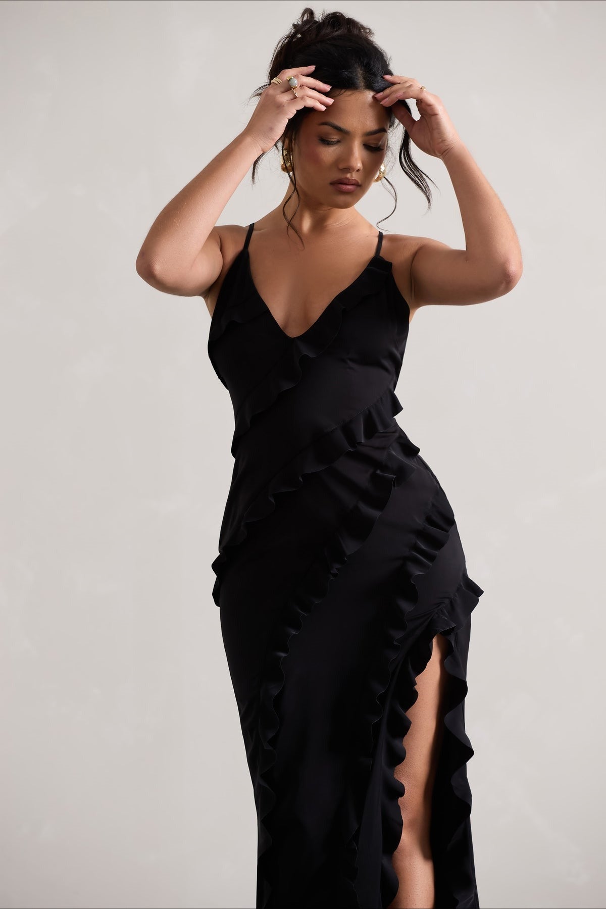 Spaghetti Strap Deep V-Neck Ruffle High Split Maxi Party Dress - View 8