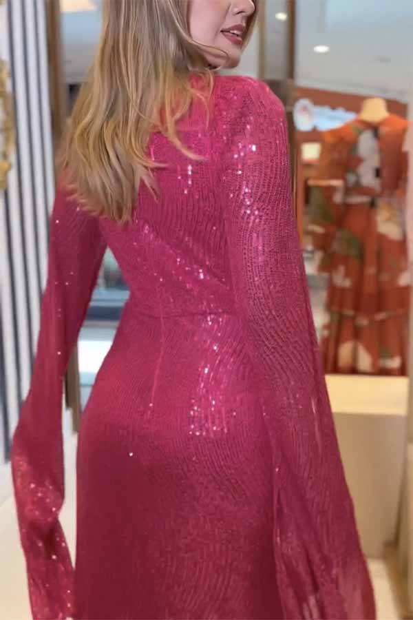Sequin Deep V-Neck Cape Sleeve Twist Waist Maxi Dress - View 9