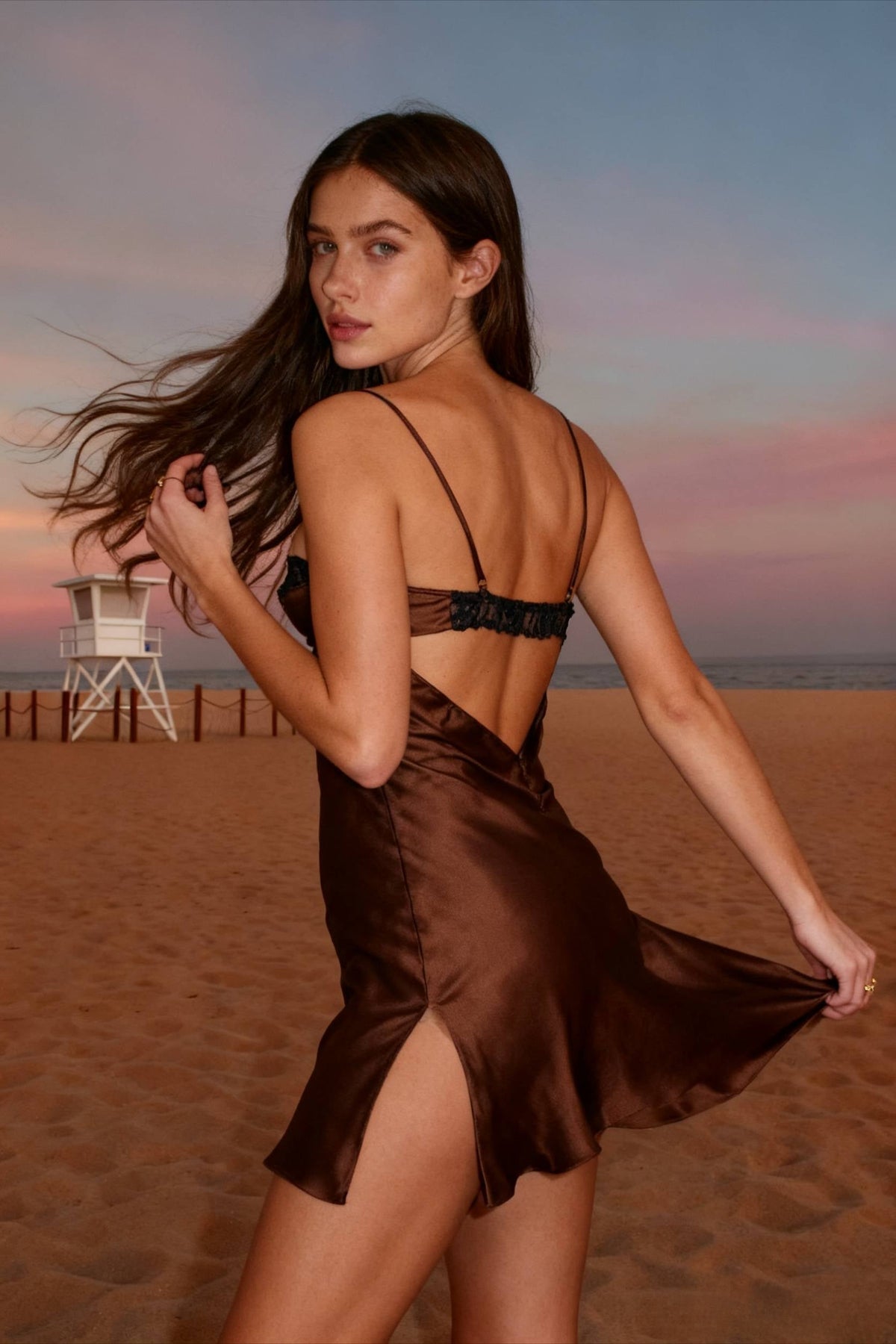 Backless Lace Paneled Trendy Satin Mini Dress in White - View 6