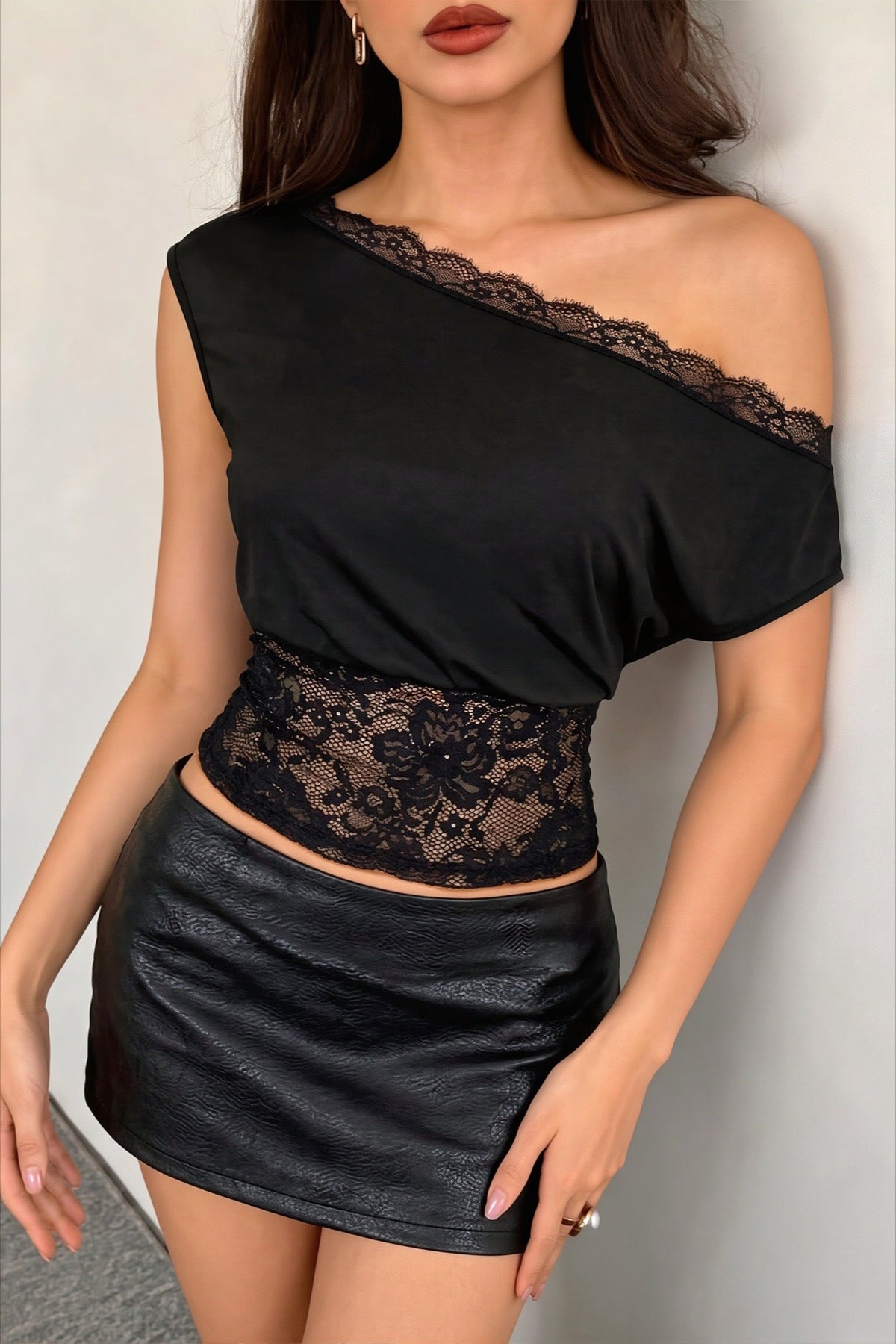 Asymmetric Neck Lace Trim Satin Top 2