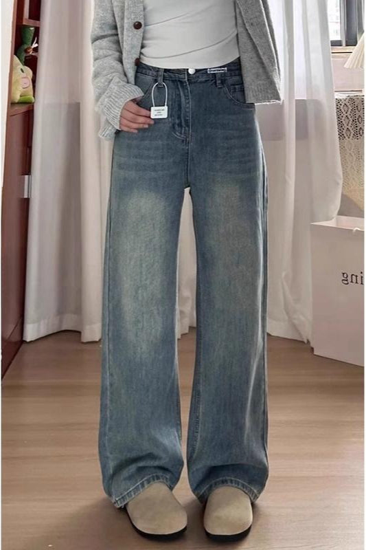 High-Waist Vintage Washed Wide-Leg Denim Jeans