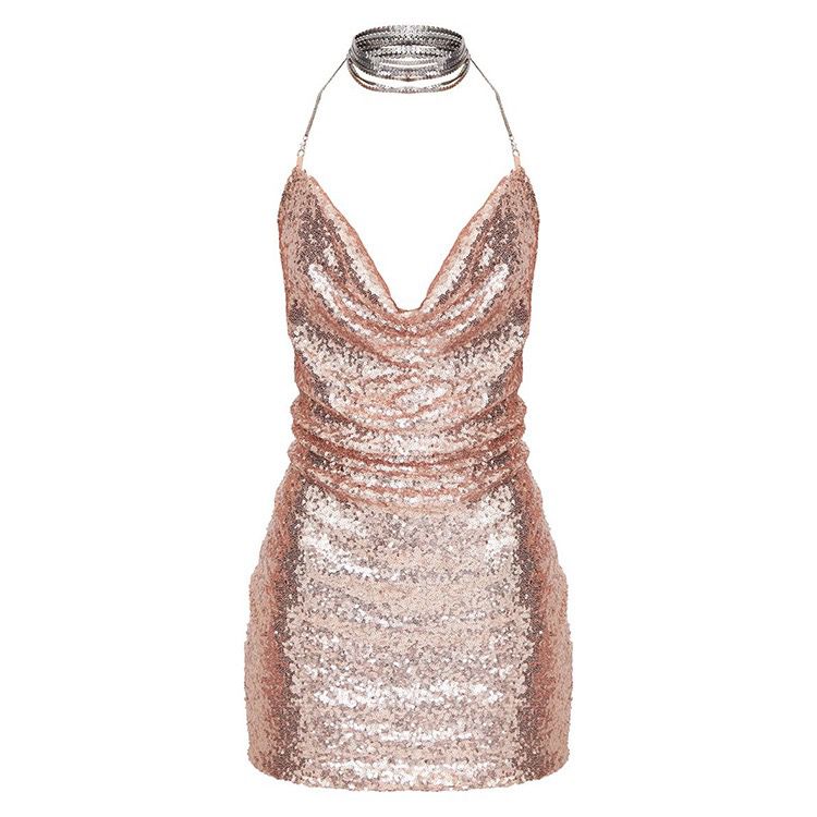 Self Love Metallic Mesh Crystal Straps Mini Dress in Gold - View 5