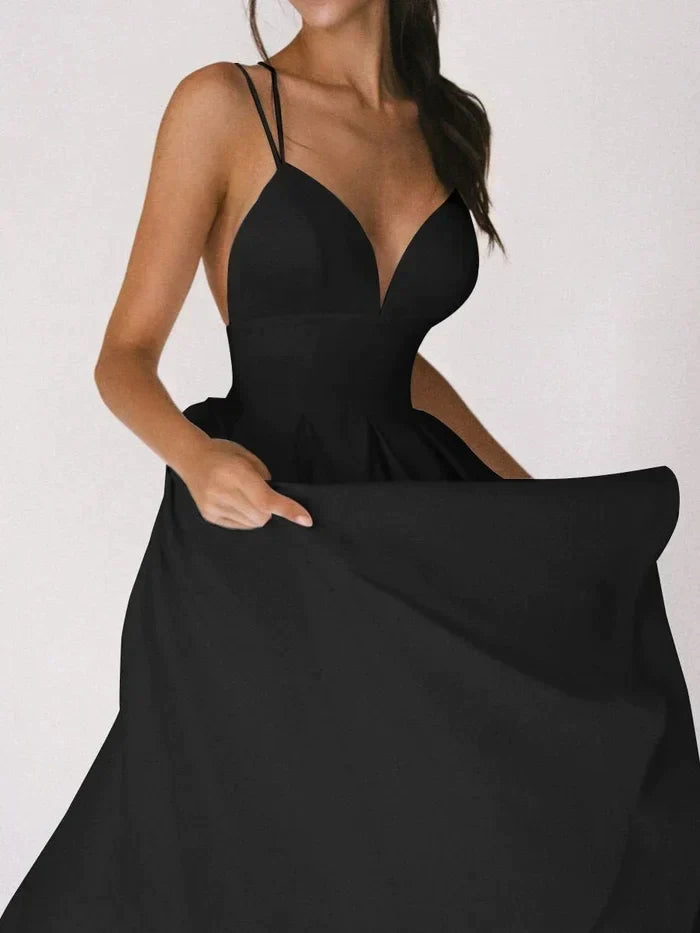 Deep V-Neck Double Spaghetti Strap Pleated A-Line Formal Gown - View 4