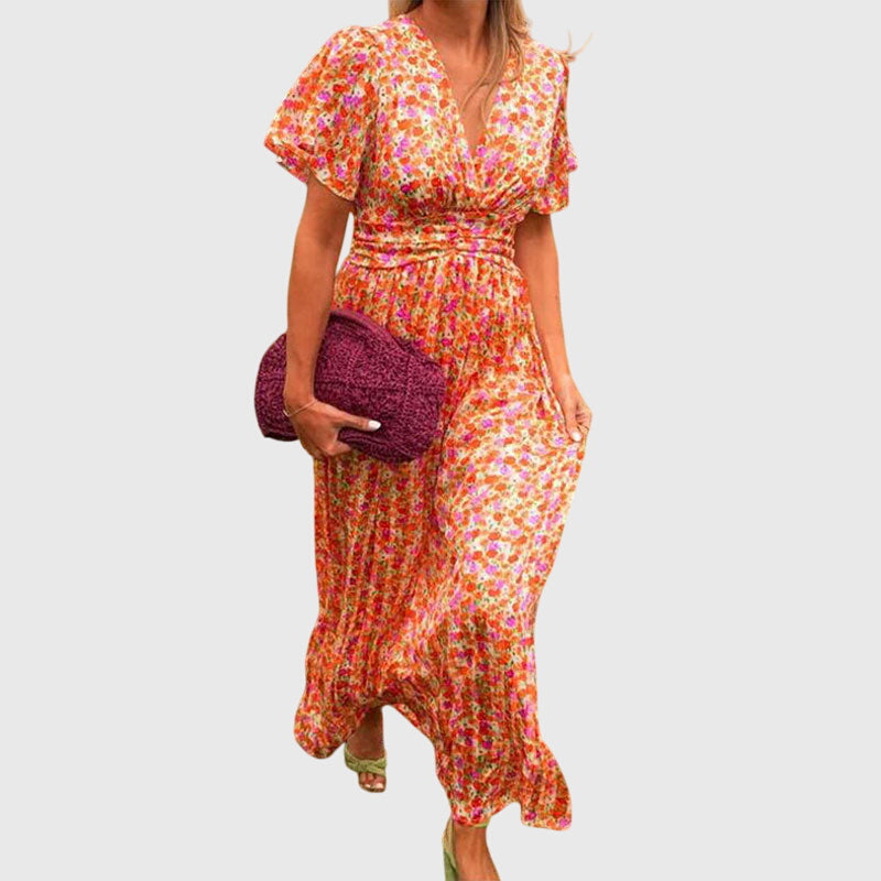 Floral V-Neck Flutter Sleeve Ruched Waist Maxi Dress 4