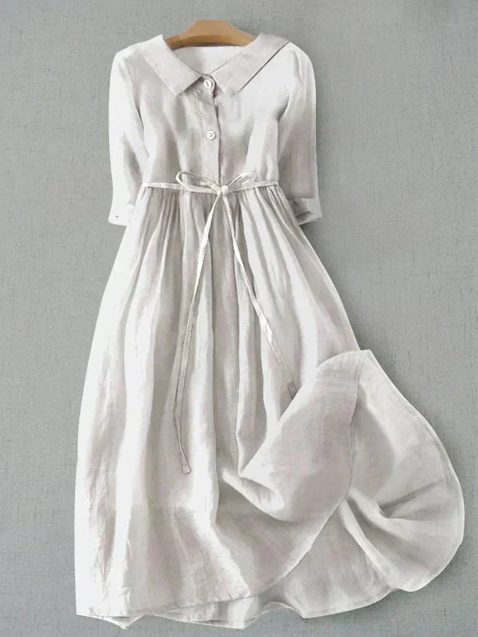 Collared Button Front Three Quarter Sleeve Tie A-Line Maxi Dress - View 2