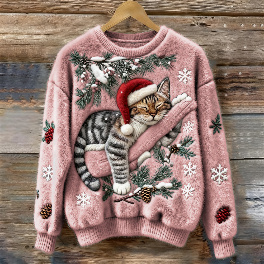 Crew Neck Christmas Cat Print Fuzzy Knit Sweater 6