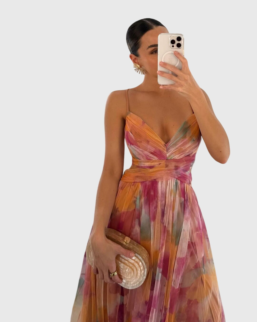 Floral V-Neck Spaghetti Strap Tulle High Split Maxi Gown 2