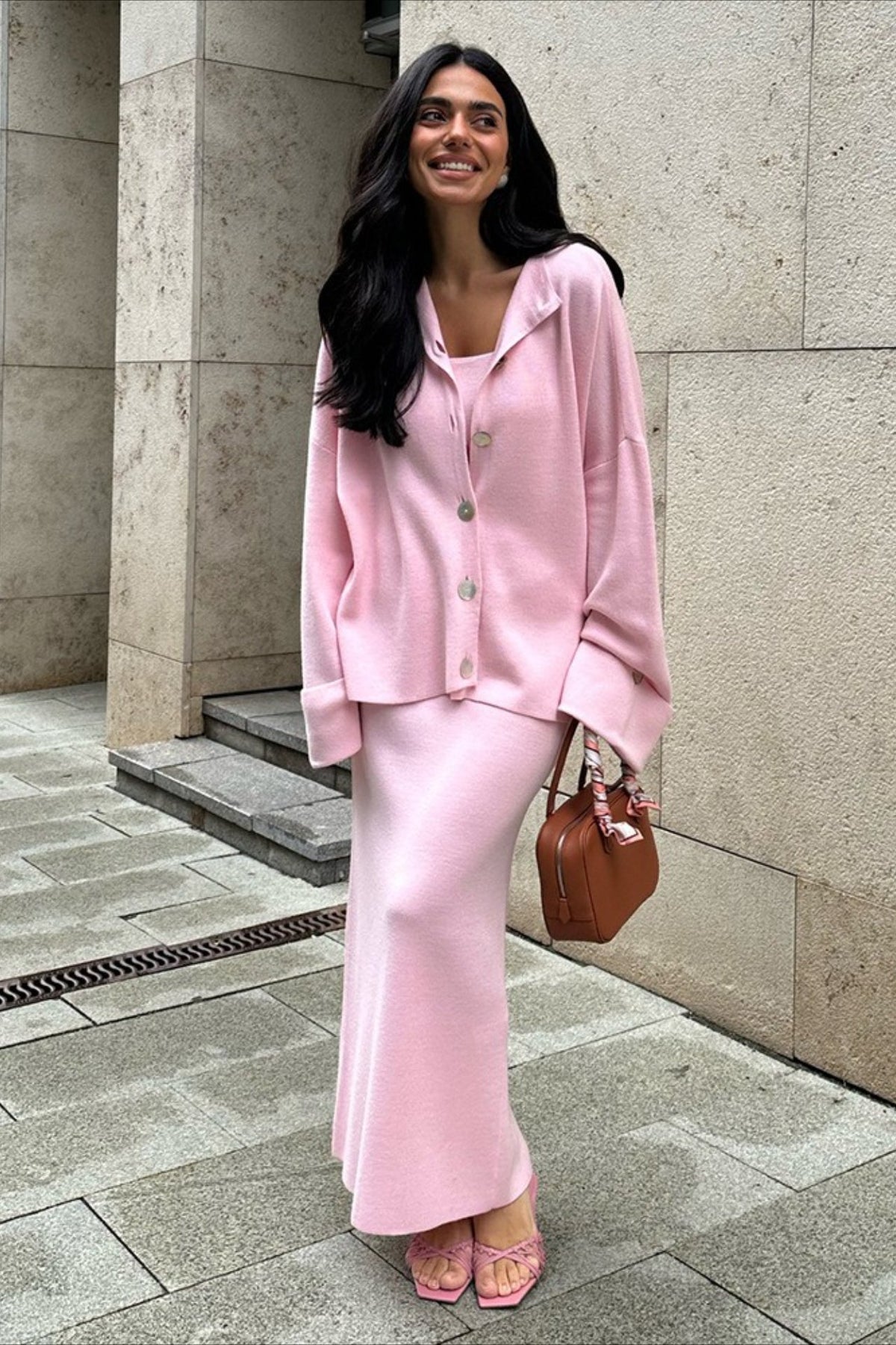 Long Sleeve Cardigan Cami Skirt Knit Set