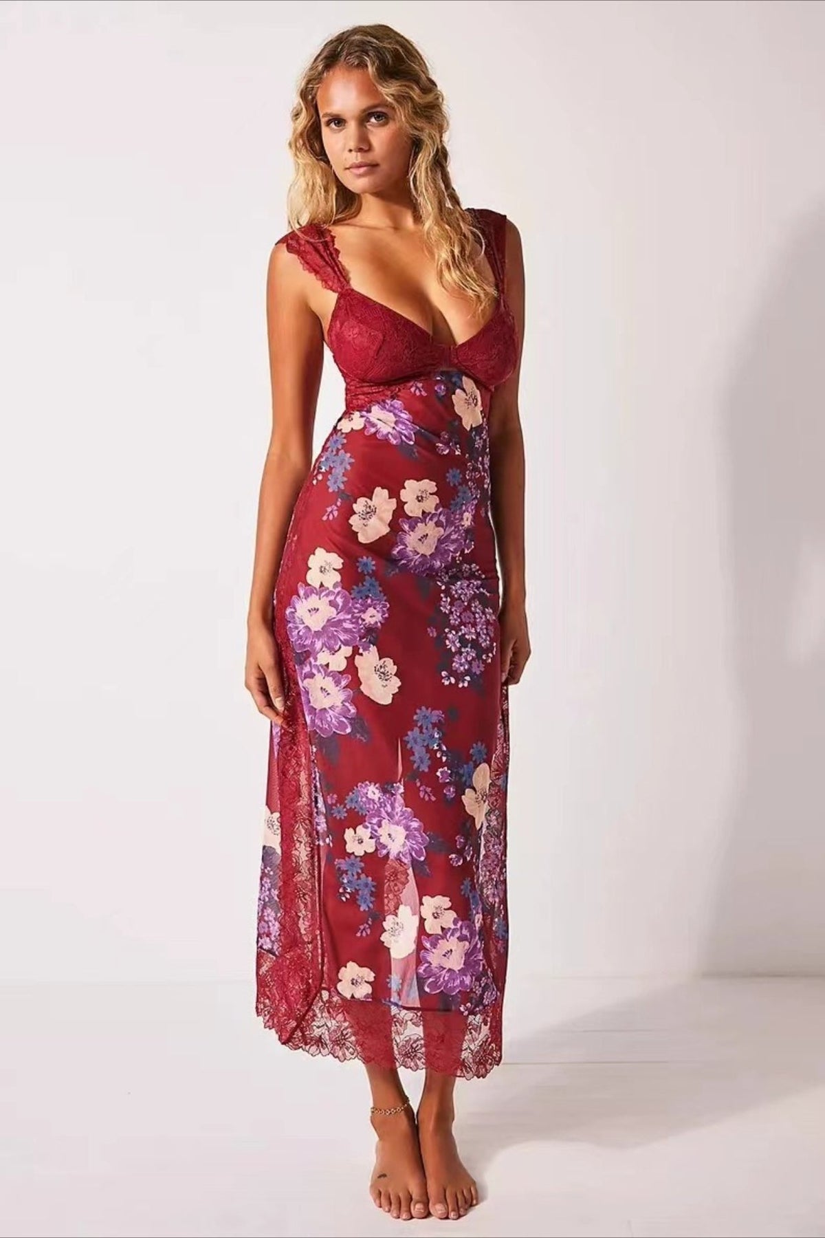 Lace Patchwork Strap Backless High Split Maxi Dress - View 7