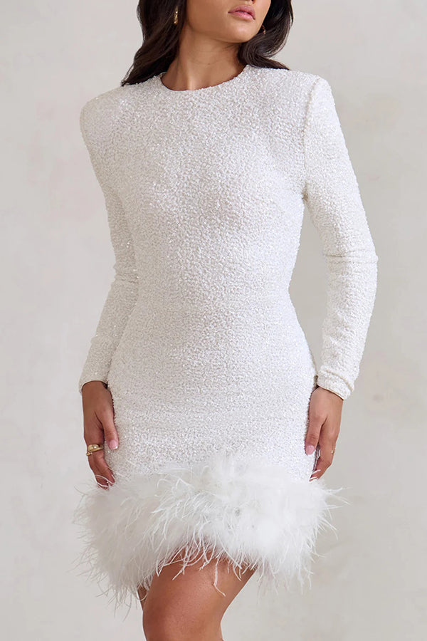 Sequin Long Sleeve Feather Trim Bodycon Mini Dress - View 2