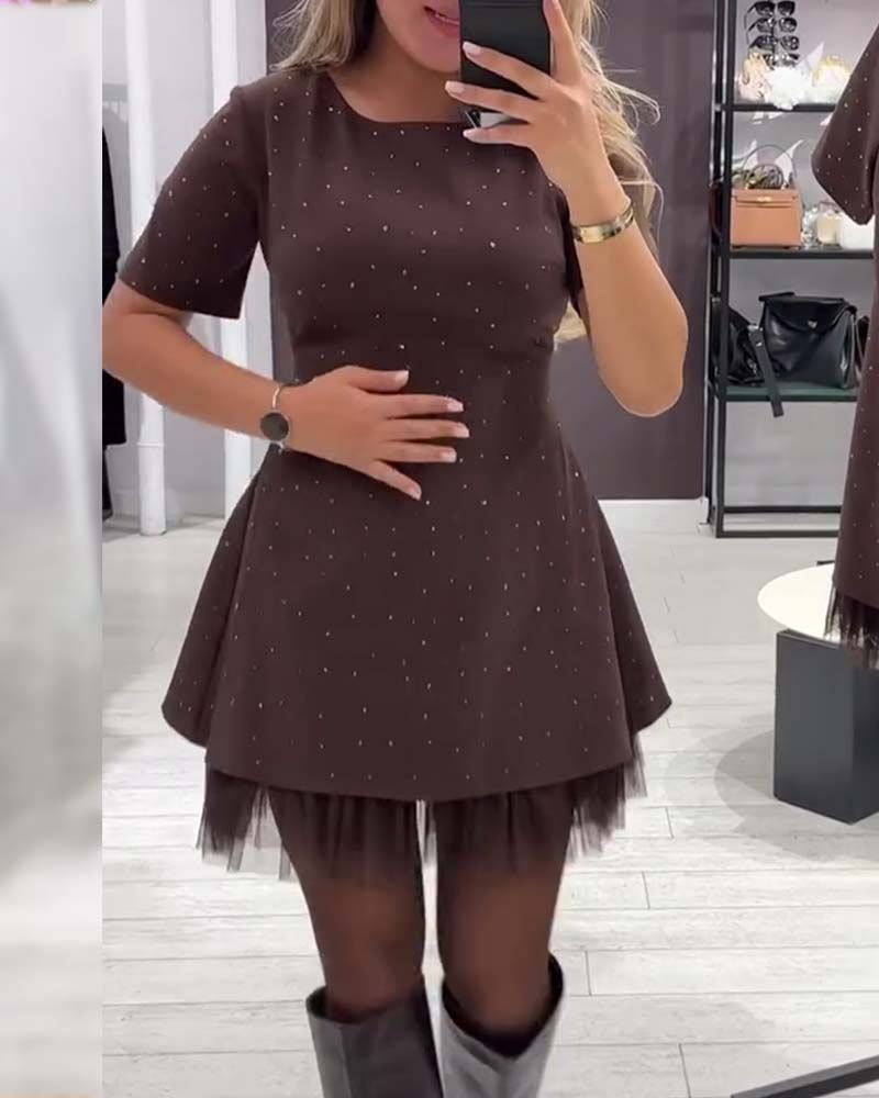 Rhinestone Tulle Hem Short Sleeve Fit and Flare Mini Dress 3