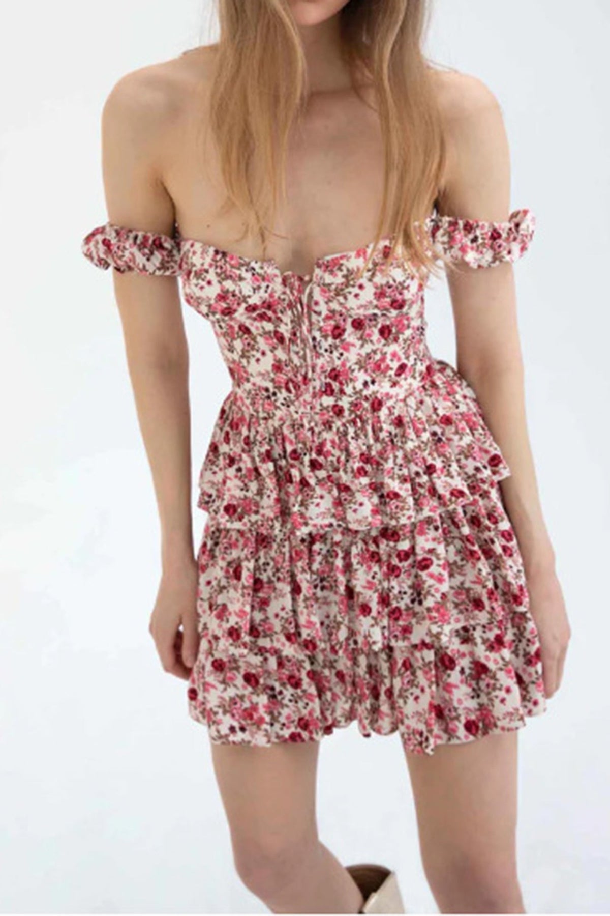 Floral Off Shoulder Sweetheart Bustier Tiered Ruffle Mini Dress - View 13