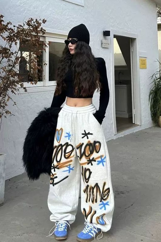 American Hip Hop Plus Size Fleece Lined Loose Wide Leg