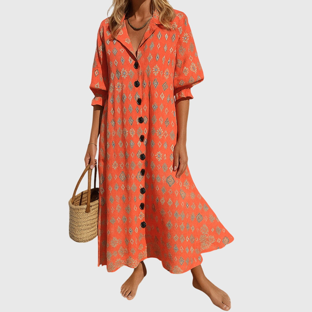 Floral Print V-Neck Button Front Puff Sleeve Maxi Dress 5