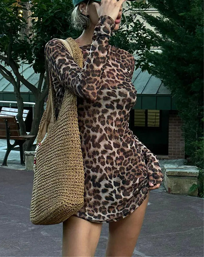 Leopard Two Piece Mesh See Through Mini Dress - View 2