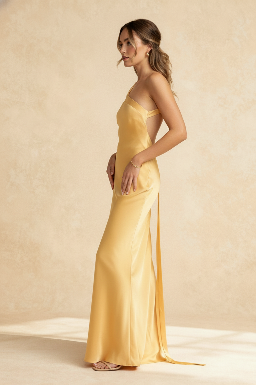 Satin One Shoulder Twisted Strap Draped Sash Bodycon Maxi Gown - View 2