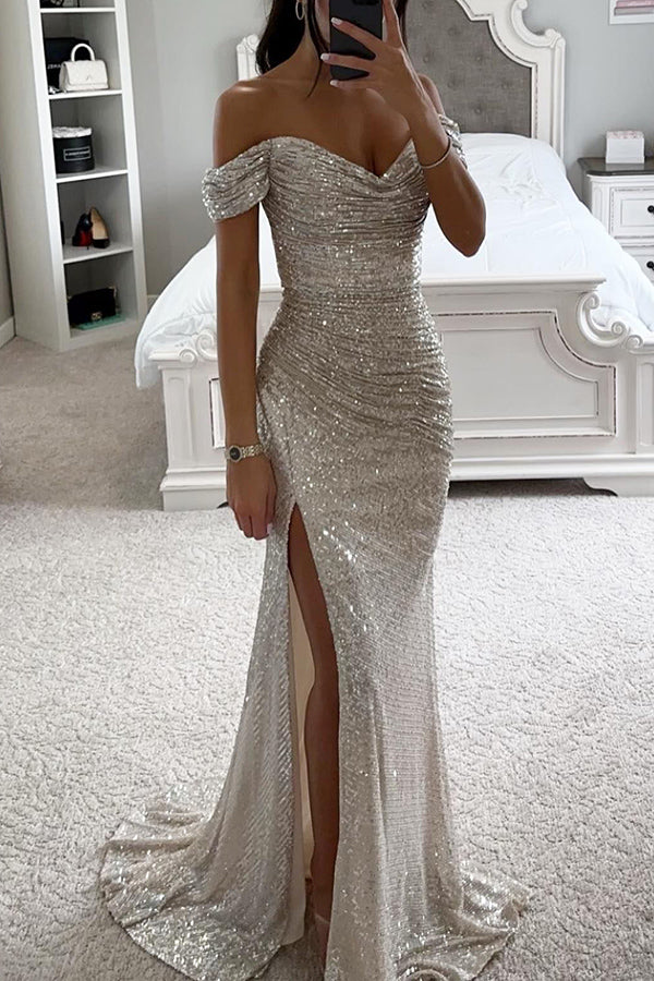 Sequin Off Shoulder Ruched High Split Mermaid Maxi Dress - View 3