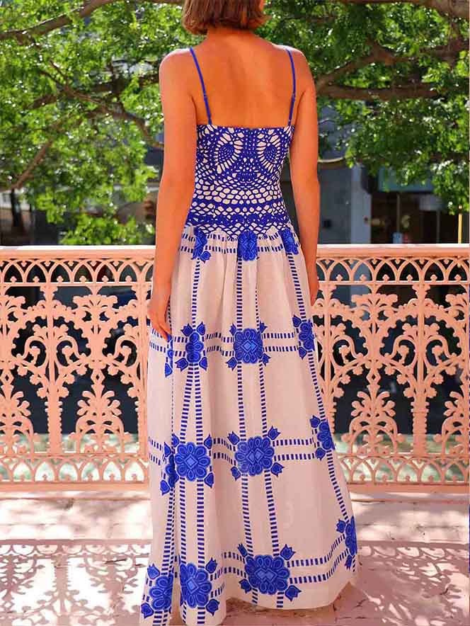 Floral Crochet Spaghetti Strap Square Neck A-Line Maxi Dress - View 5