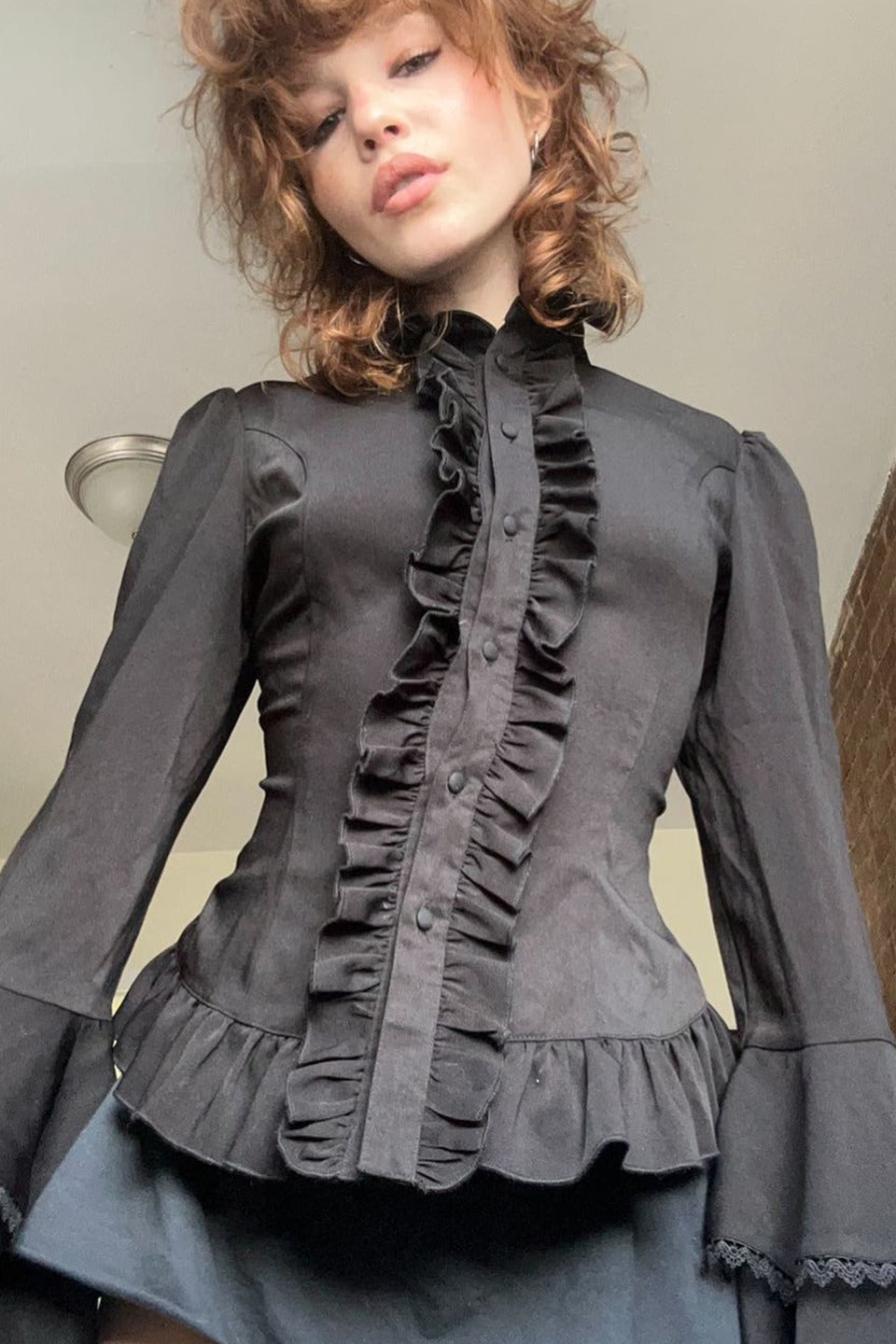 Dark Waist Tie Ruffle Panel Blouse