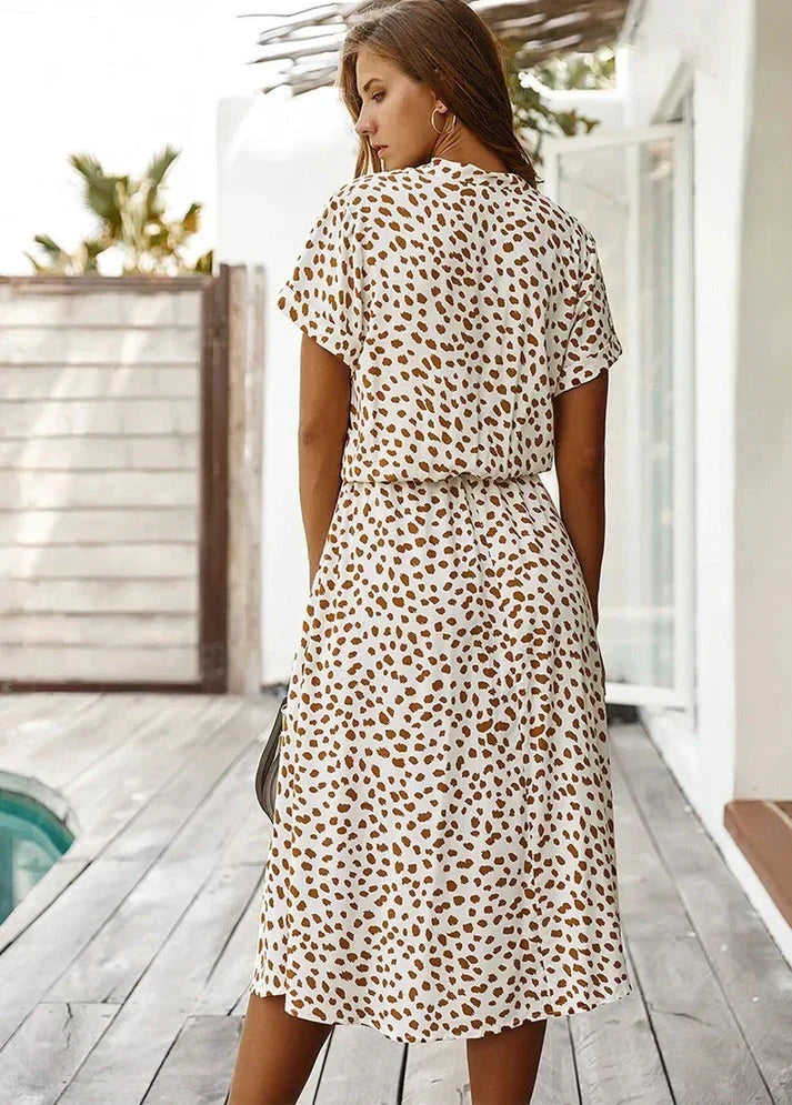Animal Print Collared Short Sleeve Drawstring Midi Shirt Dress 2