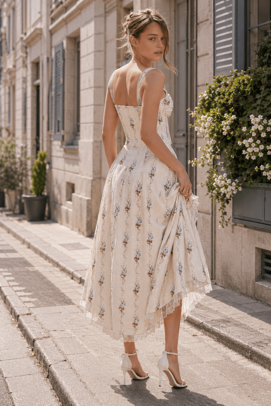 Floral Sweetheart Tie Front Corset Lace Hem Midi Dress 5