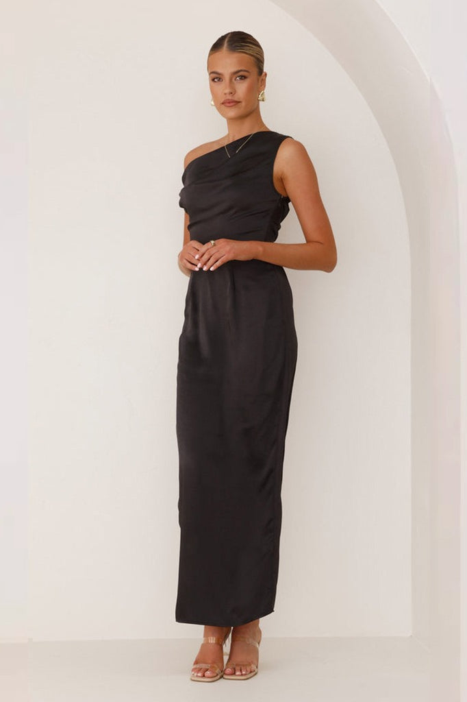 Satin One Shoulder Draped Column Maxi Dress - View 4