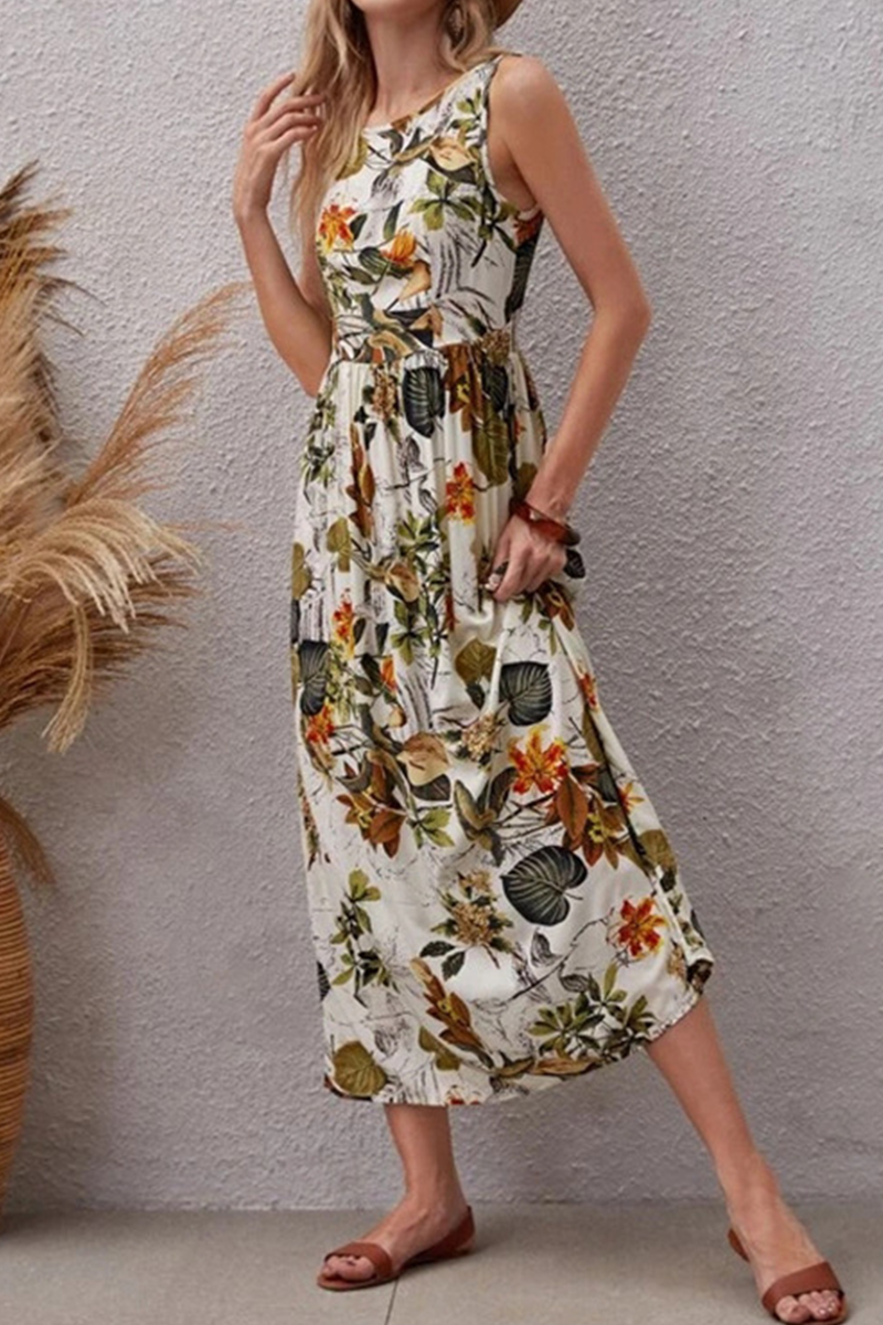 Floral Botanical Print Round Neck Sleeveless A-Line Midi Dress